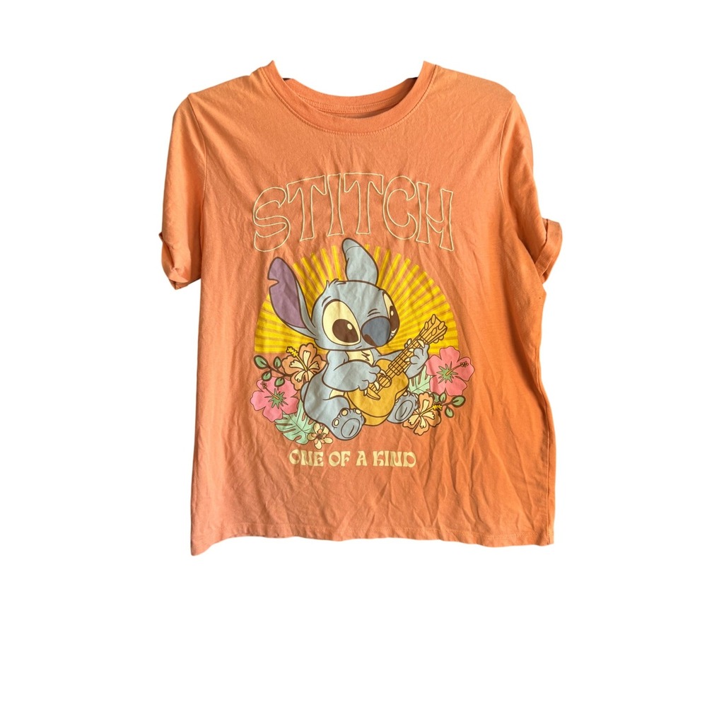 Disney Lilo and Stitch Peach Graphic T-Shirt Medium One of a Kind Ukulele Tee